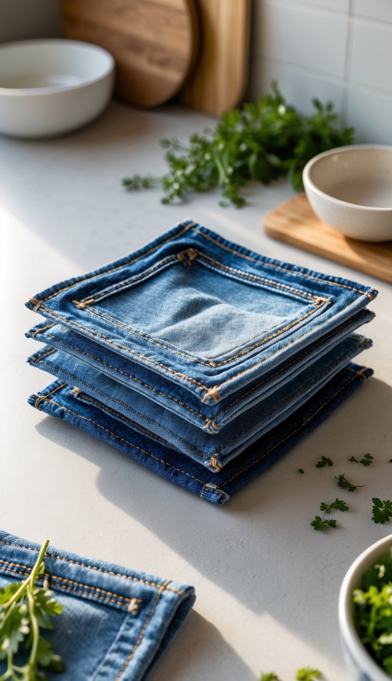 Two double-layer denim pot holders made from blue jeans placed on a kitchen countertop with kitchen items nearby.